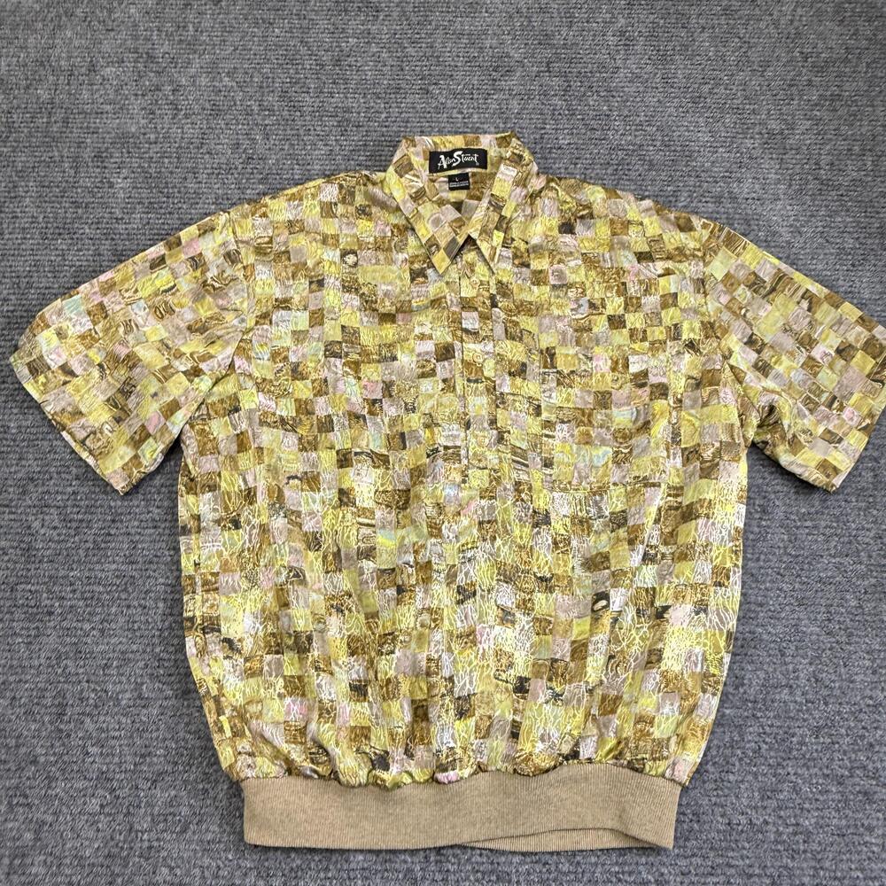 Vintage Alan Stuart Shirt Mens Large Gold Geometric Button Up Banded Hem Golf